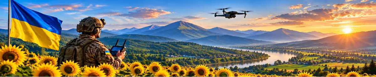 Stand With Ukraine — a Ukrainian flag over a field of sunflowers